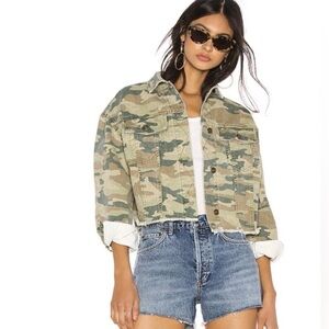 Free People Oversized Camo Cropped Raw Hem Jean Jacket - Size Medium